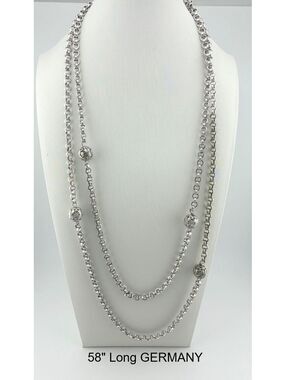 Vintage 58" Long Silver Tone Chain Necklace with Filigree Beads from Germany
